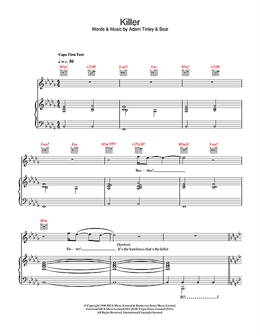 Learn to play Seal Killer sheet music for Piano, Vocal & Guitar (Right-Hand Melody) in minutes. Seal Killer sheet music notes and chords. Download Printable PDF.