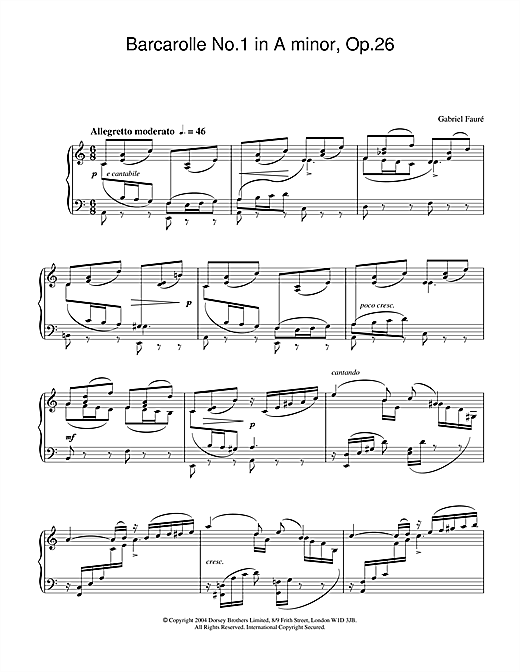 Learn to play Gabriel Fauré Barcarolle No.1 in A minor, Op.26 sheet music for Piano in minutes. Gabriel Fauré Barcarolle No.1 in A minor, Op.26 sheet music notes and chords. Download Printable PDF.