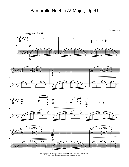 Learn to play Gabriel Fauré Barcarolle No.4 in A Flat Major, Op.44 sheet music for Piano in minutes. Gabriel Fauré Barcarolle No.4 in A Flat Major, Op.44 sheet music notes and chords. Download Printable PDF.