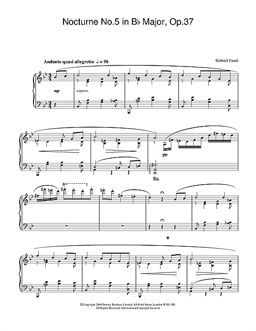 Learn to play Gabriel Fauré Nocturne No.5 in B Flat Major, Op.37 sheet music for Piano in minutes. Gabriel Fauré Nocturne No.5 in B Flat Major, Op.37 sheet music notes and chords. Download Printable PDF.