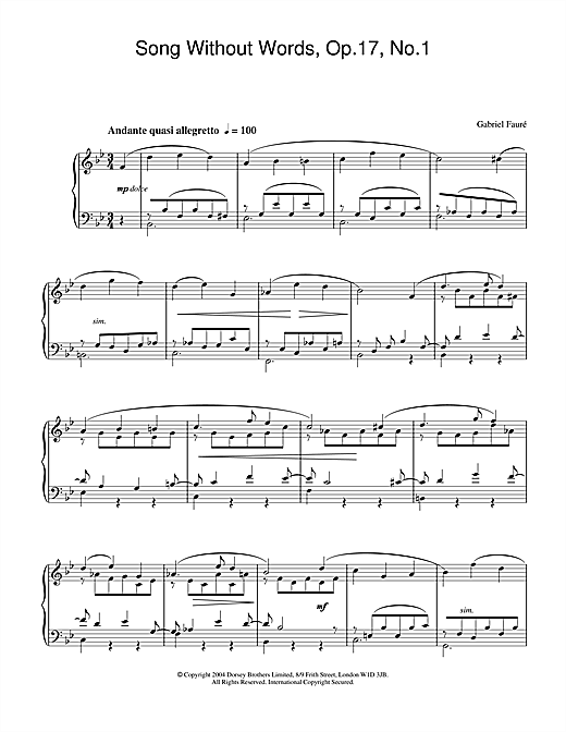 Learn to play Gabriel Fauré Song Without Words, Op.17, No.1 sheet music for Piano in minutes. Gabriel Fauré Song Without Words, Op.17, No.1 sheet music notes and chords. Download Printable PDF.