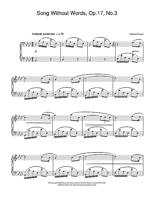 Learn to play Gabriel Fauré Song Without Words, Op.17, No.3 sheet music for Piano in minutes. Gabriel Fauré Song Without Words, Op.17, No.3 sheet music notes and chords. Download Printable PDF.