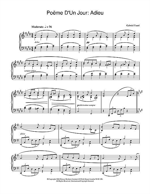 Learn to play Gabriel Fauré Poëme D'Un Jour: Adieu sheet music for Piano in minutes. Gabriel Fauré Poëme D'Un Jour: Adieu sheet music notes and chords. Download Printable PDF.