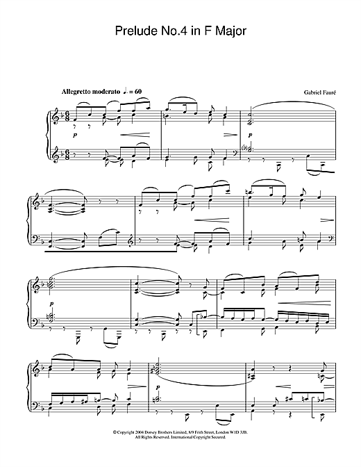 Learn to play Gabriel Fauré Prelude No.4 in F Major sheet music for Piano in minutes. Gabriel Fauré Prelude No.4 in F Major sheet music notes and chords. Download Printable PDF.