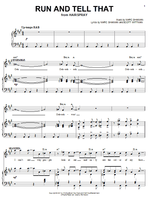 Learn to play Marc Shaiman Run And Tell That (from Hairspray) sheet music for Piano, Vocal & Guitar (Right-Hand Melody) in minutes. Marc Shaiman Run And Tell That (from Hairspray) sheet music notes and chords. Download Printable PDF.