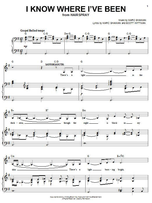 Learn to play Marc Shaiman I Know Where I've Been (from Hairspray) sheet music for Piano, Vocal & Guitar (Right-Hand Melody) in minutes. Marc Shaiman I Know Where I've Been (from Hairspray) sheet music notes and chords. Download Printable PDF.