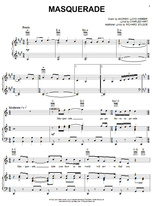 Learn to play Andrew Lloyd Webber Masquerade (from The Phantom Of The Opera) sheet music for Piano, Vocal & Guitar (Right-Hand Melody) in minutes. Andrew Lloyd Webber Masquerade (from The Phantom Of The Opera) sheet music notes and chords. Download Printable PDF.