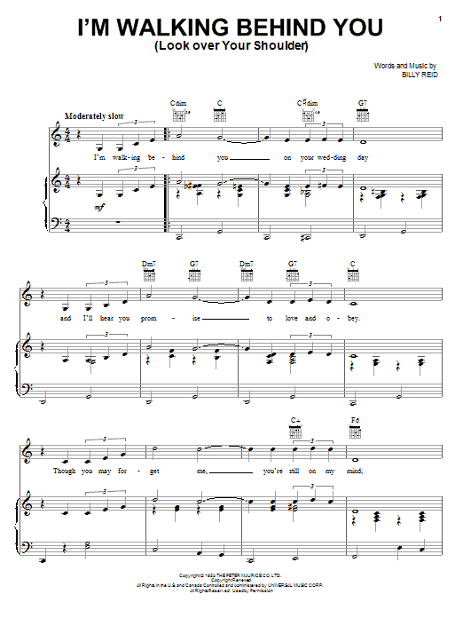 Learn to play Eddie Fisher I'm Walking Behind You (Look Over Your Shoulder) sheet music for Piano, Vocal & Guitar (Right-Hand Melody) in minutes. Eddie Fisher I'm Walking Behind You (Look Over Your Shoulder) sheet music notes and chords. Download Printable PDF.