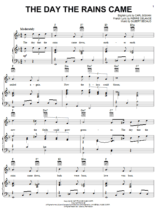 Learn to play Jane Morgan The Day The Rains Came sheet music for Piano, Vocal & Guitar (Right-Hand Melody) in minutes. Jane Morgan The Day The Rains Came sheet music notes and chords. Download Printable PDF.