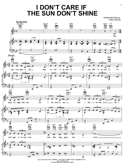Learn to play Elvis Presley I Don't Care If The Sun Don't Shine sheet music for Piano, Vocal & Guitar (Right-Hand Melody) in minutes. Elvis Presley I Don't Care If The Sun Don't Shine sheet music notes and chords. Download Printable PDF.