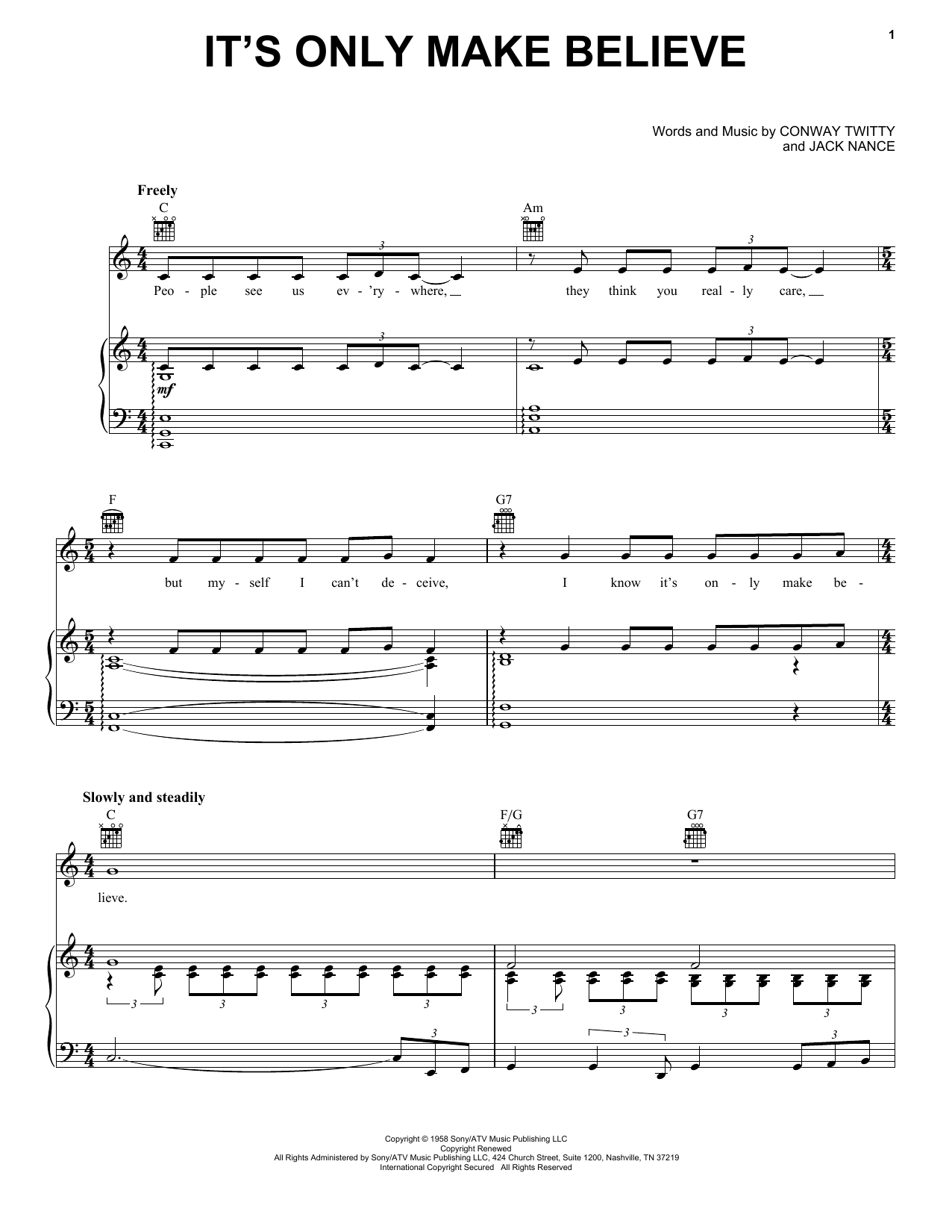 Learn to play Conway Twitty It's Only Make Believe sheet music for Piano, Vocal & Guitar (Right-Hand Melody) in minutes. Conway Twitty It's Only Make Believe sheet music notes and chords. Download Printable PDF.