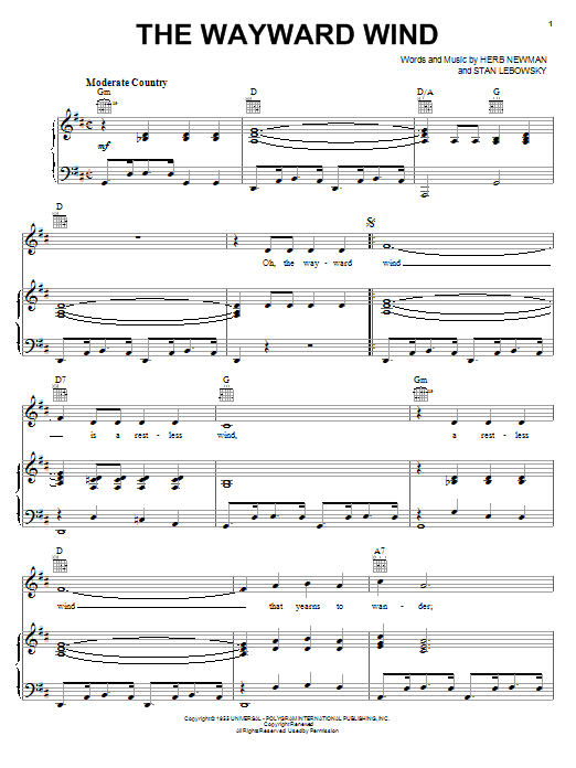 Learn to play Patsy Cline The Wayward Wind sheet music for Piano, Vocal & Guitar (Right-Hand Melody) in minutes. Patsy Cline The Wayward Wind sheet music notes and chords. Download Printable PDF.
