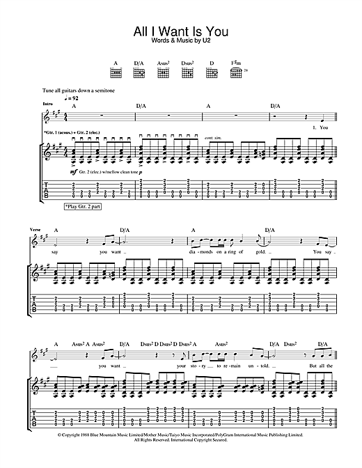 Learn to play U2 All I Want Is You sheet music for Guitar Tab in minutes. U2 All I Want Is You sheet music notes and chords. Download Printable PDF.