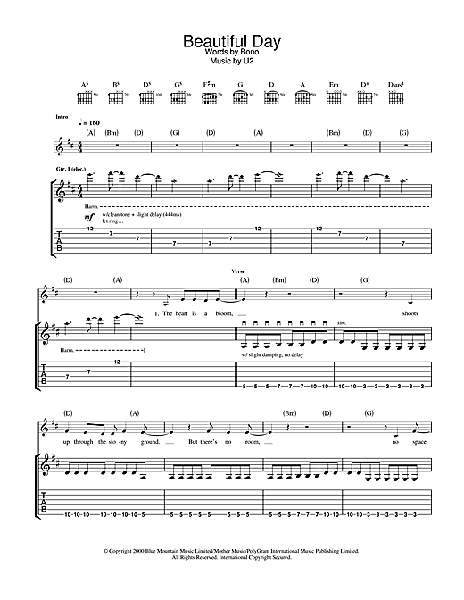 Learn to play U2 Beautiful Day sheet music for Guitar Tab in minutes. U2 Beautiful Day sheet music notes and chords. Download Printable PDF.