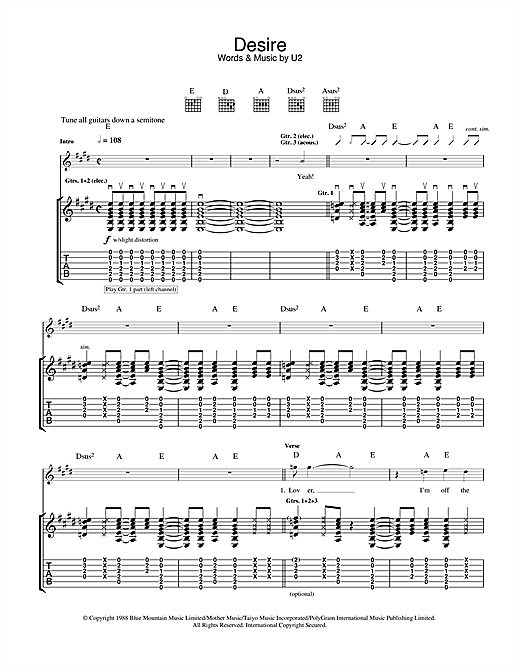 Learn to play U2 Desire sheet music for Guitar Tab in minutes. U2 Desire sheet music notes and chords. Download Printable PDF.