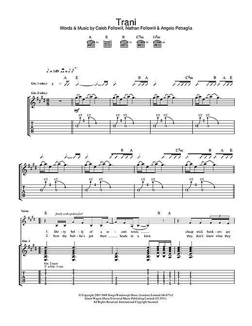 Learn to play Kings Of Leon Trani sheet music for Guitar Tab in minutes. Kings Of Leon Trani sheet music notes and chords. Download Printable PDF.