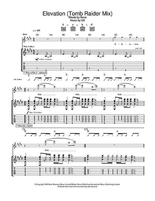 Learn to play U2 Elevation (Tomb Raider Mix) sheet music for Guitar Tab in minutes. U2 Elevation (Tomb Raider Mix) sheet music notes and chords. Download Printable PDF.