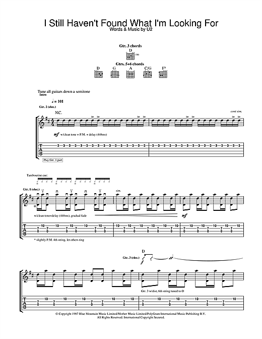 Learn to play U2 I Still Haven't Found What I'm Looking For sheet music for Guitar Tab in minutes. U2 I Still Haven't Found What I'm Looking For sheet music notes and chords. Download Printable PDF.