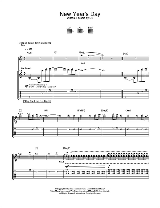 Learn to play U2 New Year's Day sheet music for Guitar Tab in minutes. U2 New Year's Day sheet music notes and chords. Download Printable PDF.