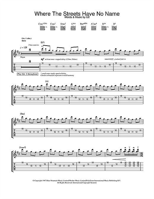 Learn to play U2 Where The Streets Have No Name sheet music for Guitar Tab in minutes. U2 Where The Streets Have No Name sheet music notes and chords. Download Printable PDF.