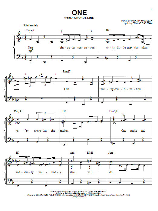 Learn to play Marvin Hamlisch One sheet music for Easy Piano in minutes. Marvin Hamlisch One sheet music notes and chords. Download Printable PDF.