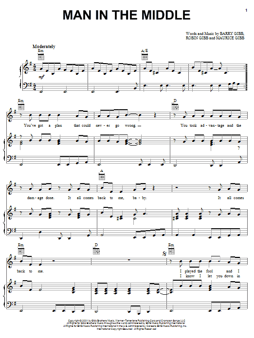 Learn to play Bee Gees Man In The Middle sheet music for Piano, Vocal & Guitar (Right-Hand Melody) in minutes. Bee Gees Man In The Middle sheet music notes and chords. Download Printable PDF.