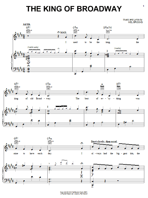 Learn to play Mel Brooks The King Of Broadway sheet music for Piano, Vocal & Guitar (Right-Hand Melody) in minutes. Mel Brooks The King Of Broadway sheet music notes and chords. Download Printable PDF.