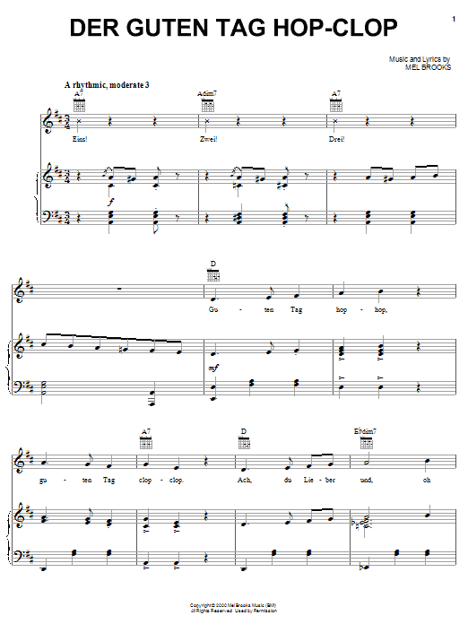 Learn to play Mel Brooks Der Guten Tag Hop-Clop sheet music for Piano, Vocal & Guitar (Right-Hand Melody) in minutes. Mel Brooks Der Guten Tag Hop-Clop sheet music notes and chords. Download Printable PDF.