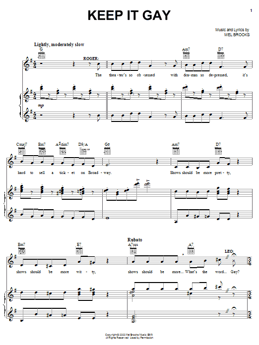 Learn to play Mel Brooks Keep It Gay sheet music for Piano, Vocal & Guitar (Right-Hand Melody) in minutes. Mel Brooks Keep It Gay sheet music notes and chords. Download Printable PDF.