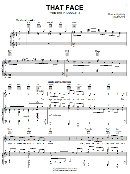 Learn to play Mel Brooks That Face sheet music for Piano, Vocal & Guitar (Right-Hand Melody) in minutes. Mel Brooks That Face sheet music notes and chords. Download Printable PDF.
