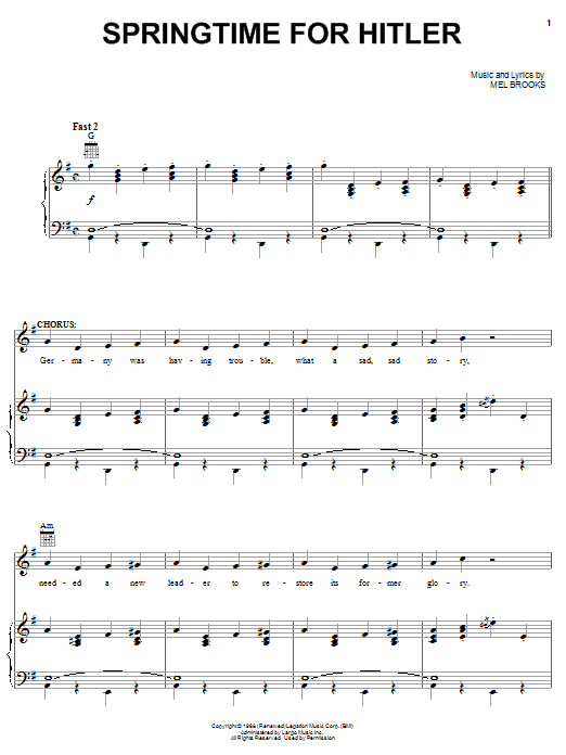 Learn to play Mel Brooks Springtime For Hitler sheet music for Piano, Vocal & Guitar (Right-Hand Melody) in minutes. Mel Brooks Springtime For Hitler sheet music notes and chords. Download Printable PDF.