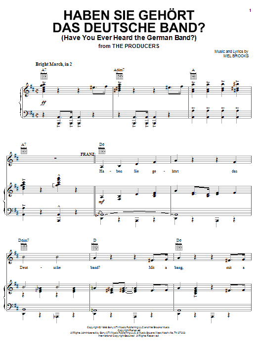 Learn to play Mel Brooks Haben Sie Gehort Das Deutsche Band? (Have You Ever Heard The German Band?) sheet music for Piano, Vocal & Guitar (Right-Hand Melody) in minutes. Mel Brooks Haben Sie Gehort Das Deutsche Band? (Have You Ever Heard The German Band?) sheet music notes and chords. Download Printable PDF.