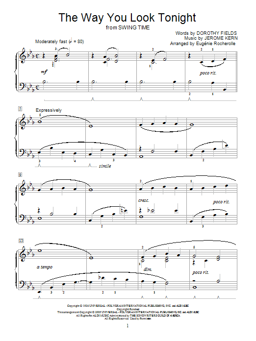 Learn to play Jerome Kern The Way You Look Tonight sheet music for Easy Piano in minutes. Jerome Kern The Way You Look Tonight sheet music notes and chords. Download Printable PDF.