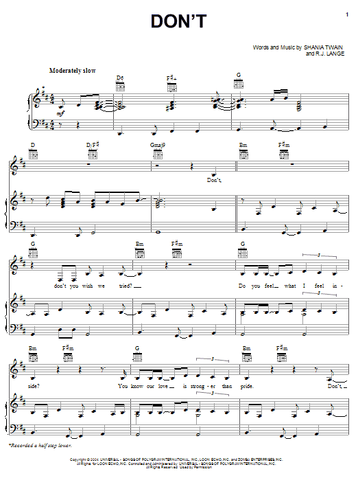 Learn to play Shania Twain Don't sheet music for Piano, Vocal & Guitar (Right-Hand Melody) in minutes. Shania Twain Don't sheet music notes and chords. Download Printable PDF.