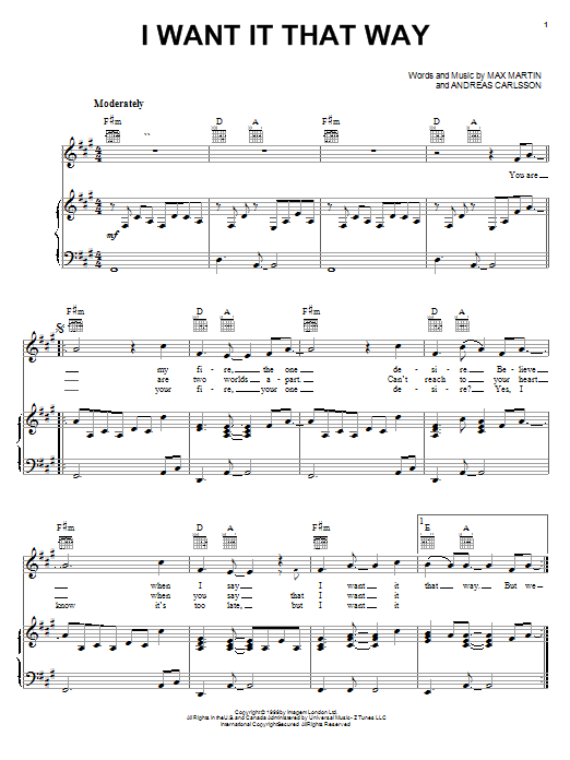 Learn to play Backstreet Boys I Want It That Way sheet music for Piano, Vocal & Guitar (Right-Hand Melody) in minutes. Backstreet Boys I Want It That Way sheet music notes and chords. Download Printable PDF.