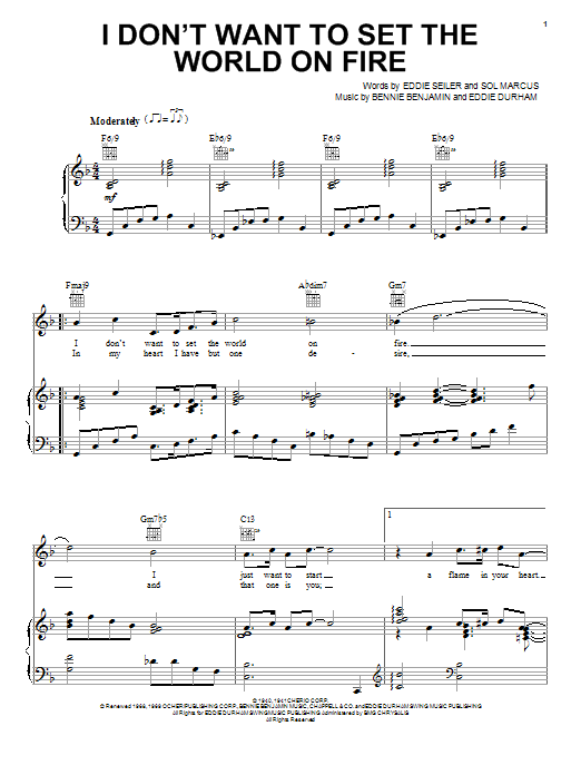 Learn to play The Ink Spots I Don't Want To Set The World On Fire sheet music for Piano, Vocal & Guitar (Right-Hand Melody) in minutes. The Ink Spots I Don't Want To Set The World On Fire sheet music notes and chords. Download Printable PDF.