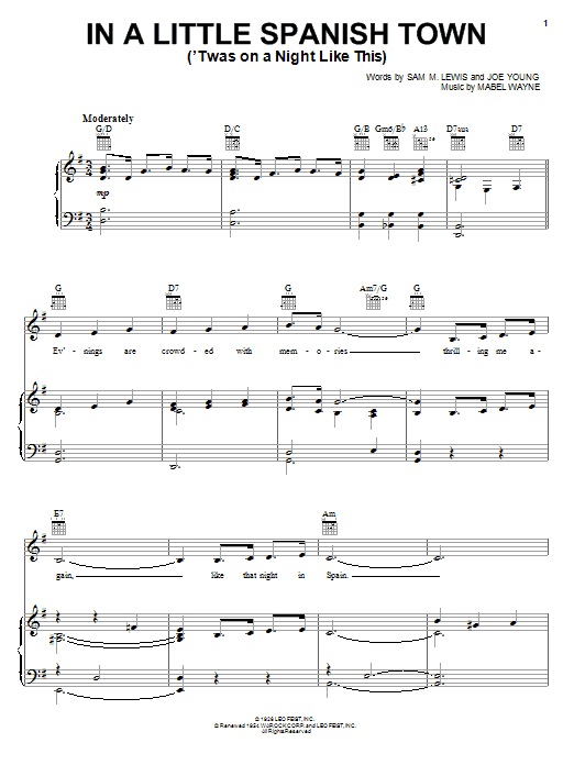 Learn to play Yusef Lateef In A Little Spanish Town ('Twas On A Night Like This) sheet music for Piano, Vocal & Guitar (Right-Hand Melody) in minutes. Yusef Lateef In A Little Spanish Town ('Twas On A Night Like This) sheet music notes and chords. Download Printable PDF.