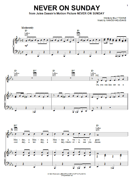 Learn to play Manos Hadjidakis Never On Sunday sheet music for Piano, Vocal & Guitar (Right-Hand Melody) in minutes. Manos Hadjidakis Never On Sunday sheet music notes and chords. Download Printable PDF.