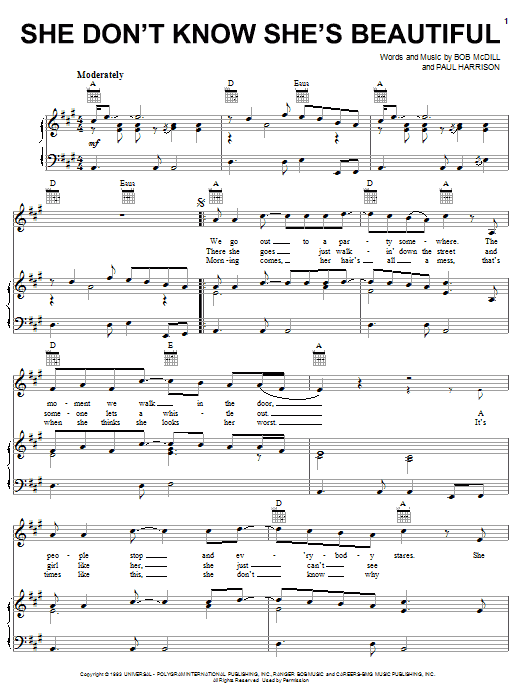 Learn to play Sammy Kershaw She Don't Know She's Beautiful sheet music for Piano, Vocal & Guitar (Right-Hand Melody) in minutes. Sammy Kershaw She Don't Know She's Beautiful sheet music notes and chords. Download Printable PDF.