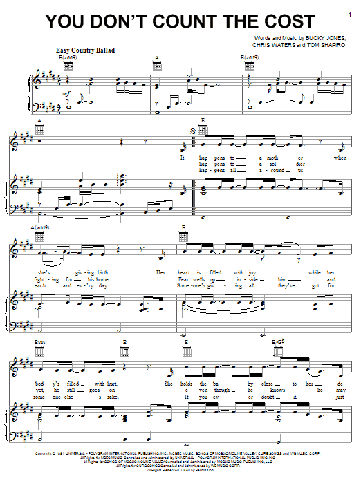 Learn to play Billy Dean You Don't Count The Cost sheet music for Piano, Vocal & Guitar (Right-Hand Melody) in minutes. Billy Dean You Don't Count The Cost sheet music notes and chords. Download Printable PDF.