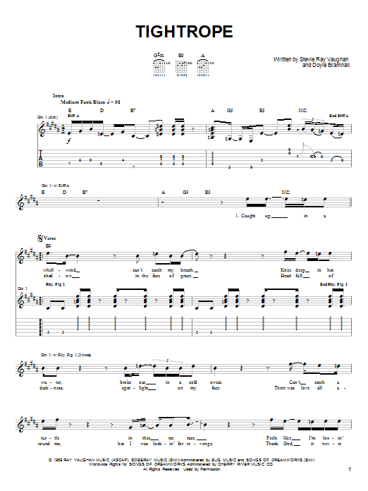 Learn to play Stevie Ray Vaughan Tightrope sheet music for Easy Guitar Tab in minutes. Stevie Ray Vaughan Tightrope sheet music notes and chords. Download Printable PDF.
