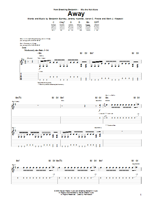 Learn to play Breaking Benjamin Away sheet music for Guitar Tab in minutes. Breaking Benjamin Away sheet music notes and chords. Download Printable PDF.