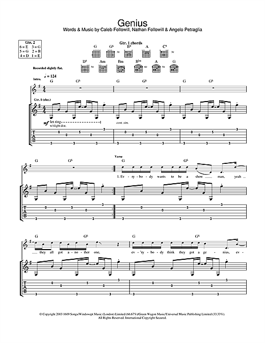 Learn to play Kings Of Leon Genius sheet music for Guitar Tab in minutes. Kings Of Leon Genius sheet music notes and chords. Download Printable PDF.