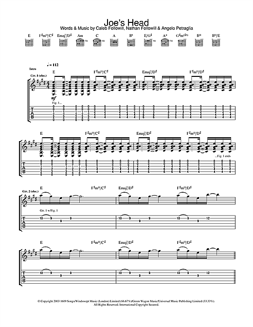 Learn to play Kings Of Leon Joe's Head sheet music for Guitar Tab in minutes. Kings Of Leon Joe's Head sheet music notes and chords. Download Printable PDF.