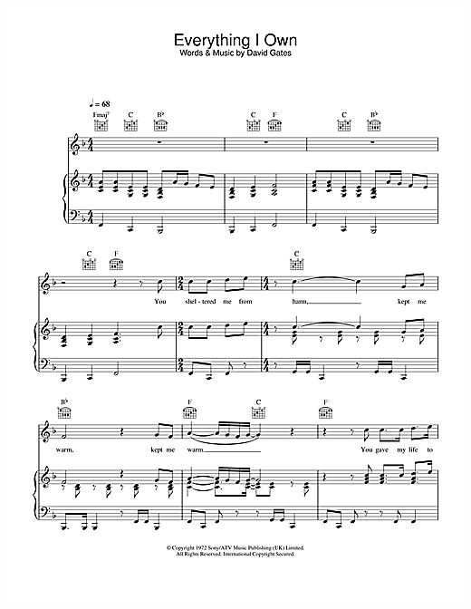 Learn to play Ken Boothe Everything I Own sheet music for Piano, Vocal & Guitar (Right-Hand Melody) in minutes. Ken Boothe Everything I Own sheet music notes and chords. Download Printable PDF.