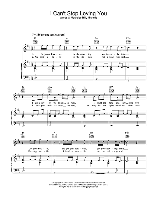 Learn to play Leo Sayer I Can't Stop Loving You sheet music for Piano, Vocal & Guitar (Right-Hand Melody) in minutes. Leo Sayer I Can't Stop Loving You sheet music notes and chords. Download Printable PDF.