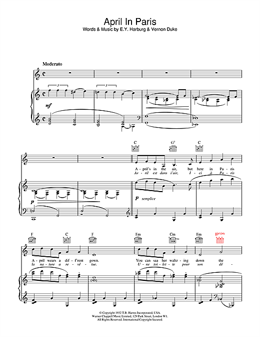Learn to play Billie Holiday April In Paris sheet music for Piano, Vocal & Guitar (Right-Hand Melody) in minutes. Billie Holiday April In Paris sheet music notes and chords. Download Printable PDF.