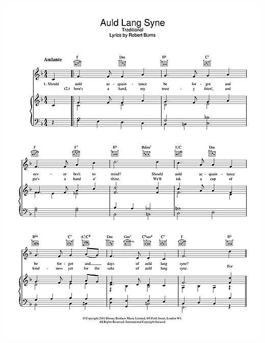 Learn to play Traditional Auld Lang Syne sheet music for Piano, Vocal & Guitar (Right-Hand Melody) in minutes. Traditional Auld Lang Syne sheet music notes and chords. Download Printable PDF.