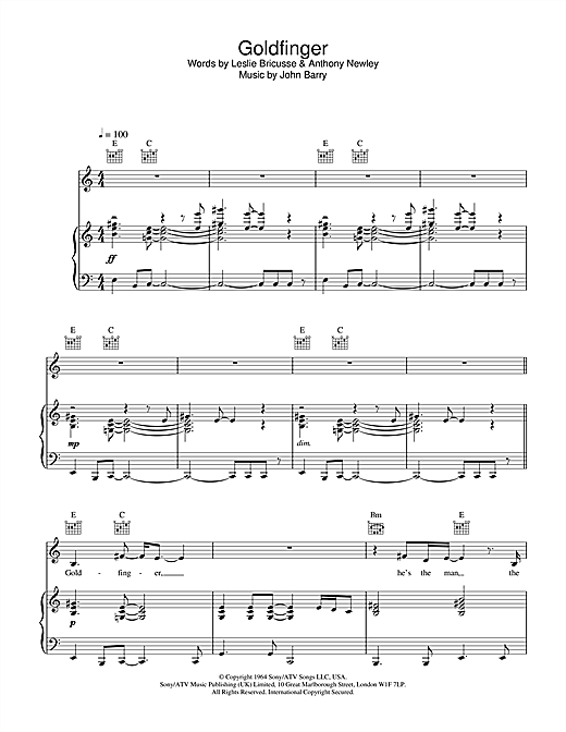 Learn to play Shirley Bassey Goldfinger (theme from the James Bond film) sheet music for Piano, Vocal & Guitar in minutes. Shirley Bassey Goldfinger (theme from the James Bond film) sheet music notes and chords. Download Printable PDF.