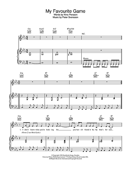Learn to play The Cardigans My Favourite Game sheet music for Piano, Vocal & Guitar in minutes. The Cardigans My Favourite Game sheet music notes and chords. Download Printable PDF.